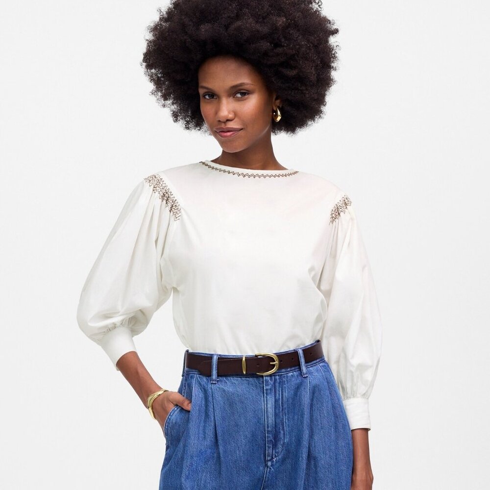 Madewell Embroidered Poplin Balloon-Sleeve Top in White size XXS NU455
